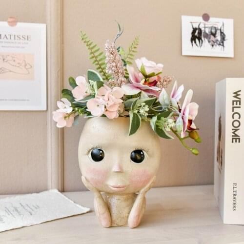 Girls Face Head Face Flower Planter Resin Succulent Planter Plant Decor Open Eyes Flower Vases Garden Decor Tabletop Ornament