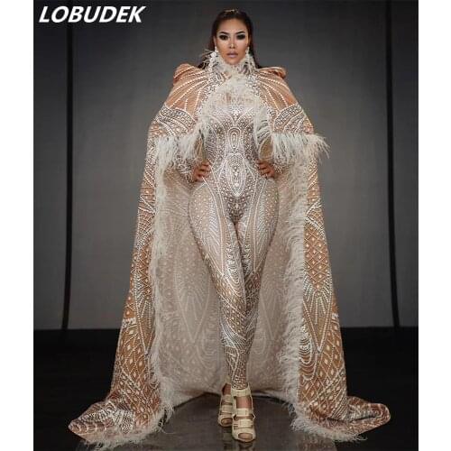 Elastic Printing Skinny Jumpsuit Feather Long Cloak Female Singer Stage Outfit Birthday Party Catwalk Nightclub Leotard Costume