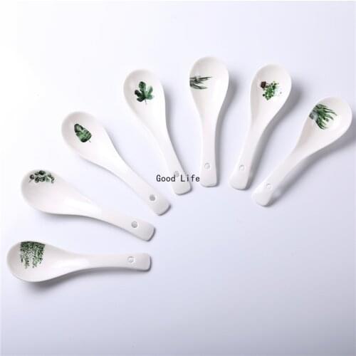 Ceramic Spoon Nordic Green Plants White 14cm Small Soup Scoop Creativity Tableware Household Kitchen Supplies Dinnerware