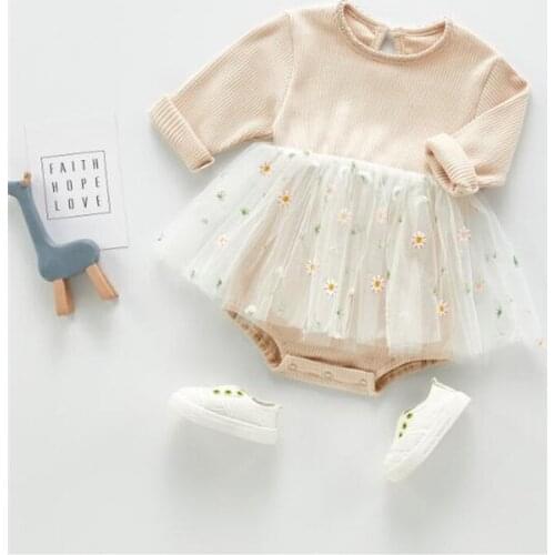 Baby Girls Romper Dress Newborn Baby Princess Party Flower Embroidery Round Neck Long Sleeve Jumpsuit Jumpsuit for Girls Apricot
