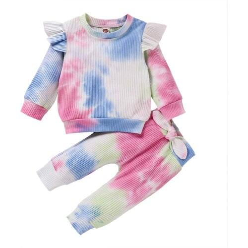 Newborn Baby Girls Clothes Set 2021 Autumn Tie Dyed Cotton Flying Long Sleeve Tops Bow Pant 2Pcs Sets Infant Clothing Outfits