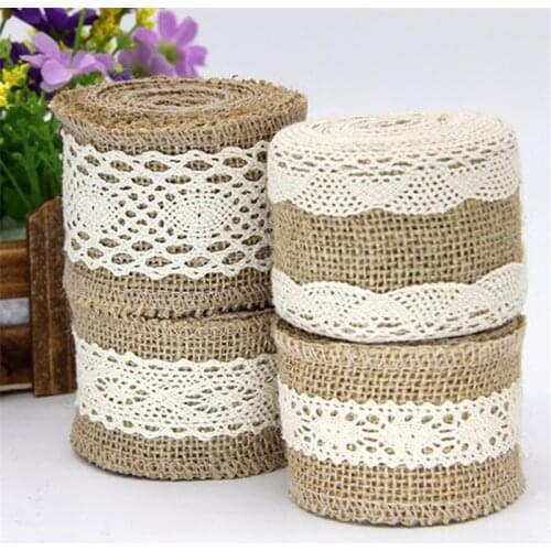 2 Meters Width 5CM Ivory Color Natural Jute Rolls Burlap Hessian Lace Ribbons with Cotton Lace Ornament Burlap Wedding decor