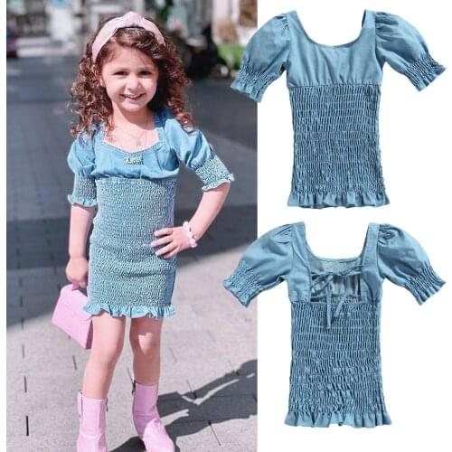 Toddler Baby Girls Summer Denim Dress Fashion Puff Sleeve Solid Bandage Straight Mini Dress Casual Children Outfits
