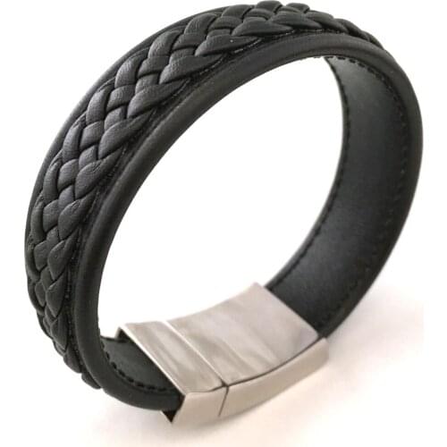 100% Genuine Leather Black Stainless Steel Bracelet Huge 20mm Wide Mens Bracelet and Bracelet Jewelry Mens Gift
