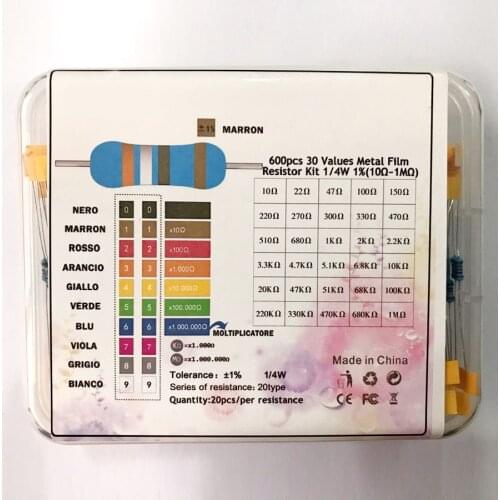 600pcs/lot resistor pack set 30Values* 20pcs 1% 1/4 W diy Metal Film Resistor kit use colored ring resistance (10 ohms~1 M ohm)