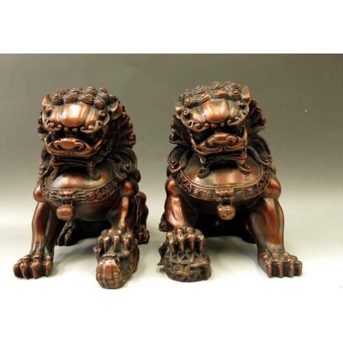 A Pair Fengshui Brass Chinese Bronze Copper Feng shui Animal FOO Dog Lions sculpture Statue Lion 2pcs Garden Decoration Bronze