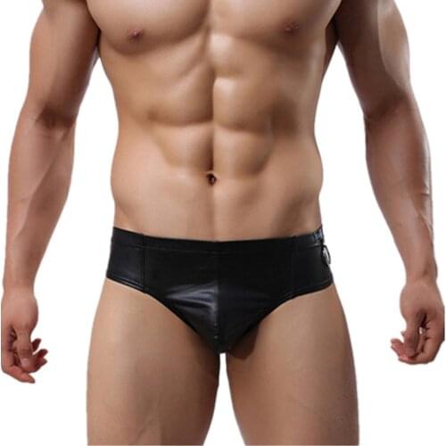 Sexy Men Black Leather Boxers Shorts Gay Underwear Man Breathable Low Waist Pouch Underpants Cueca calzoncillo Mens Clothes S-L