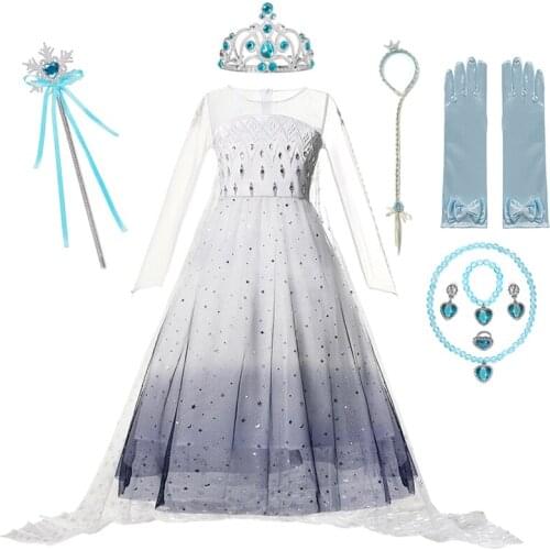 Frozen Elsa Princess Girls Snow Queen 2 Dress Kids Carnival Cosplay Costume Children Birthday Party Clothing White Wig Clothes