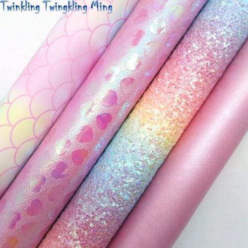 Rainbow Glitter Fabric, Mermaid Synthetic Leather, Hearts Faux Fabric Sheets For Bow A4 21x29CM Twinkling Ming XM021D