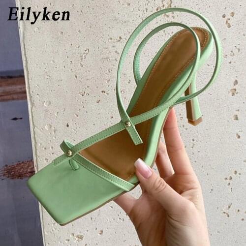 Eilyken 2021 New Brand Design Gladiator Sandals Thin High Heel Dress Pumps Shoes Narrow Band Square Head Clip-On Strappy Sandals