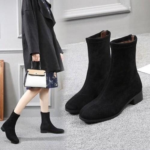 Riding Short botines mujer 42 43 large size winter boots femme mid-calf square toe flock booties plush stretch slim leg botines