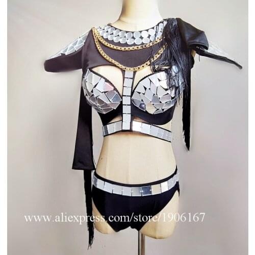 Sexy Lady Silver Mirror Ballroom Costumes Bra Shorts Bikini Suit Clothes Stage Performance Bar Singer Stage Show Dress Clothes