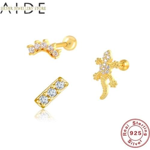 AIDE 1 Pc 925 Sterling Silver Stud Earrings For Women Luxurious Zircon Gecko/Geometric Piercing Earings Fine Jewelry brincos