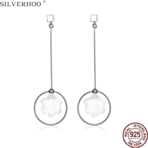 SILVERHOO Genuine 925 Sterling Silver Circle Star Ceramics Drop Earrings For Women Geometry Square Earring Fine Silver Jewelry