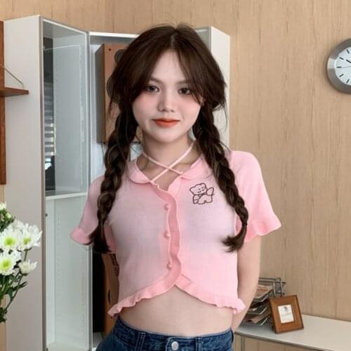 Knitted Sweet Y2k Crop Top Woman Tshirts Summer Style Slim Fashion Korean Cartoon Halter V-neck Tees Ladies Edible Tree Fungus