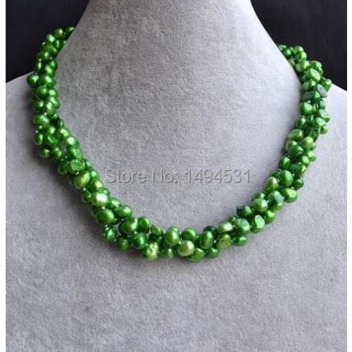Wholesale Pearl Jewelry , Triple Strands 18 Inches Green Color Genuine Freshwater Pearl Necklace - Magnet Clasp - Free Shipping