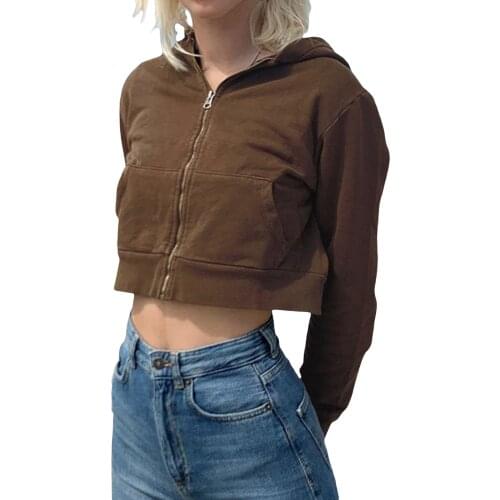 Women Fashion Long Sleeve Autumn Pocket Zipper Hoodie Fashion Solid Color Coat Stylish Crop Top for Ladies