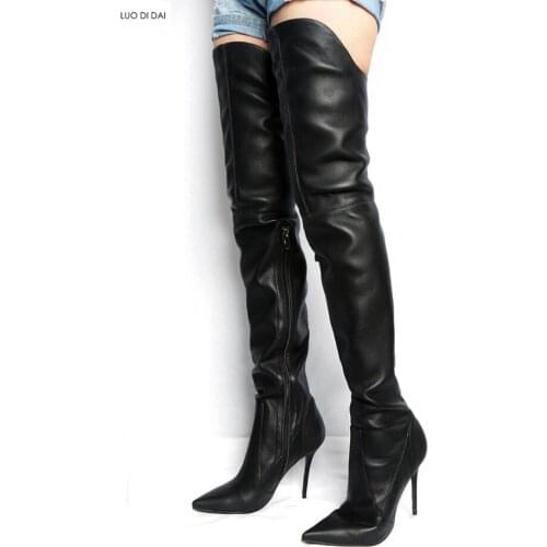 2020 winter women thigh high boots over knee booties black leather zip up boots ladies point toe long boots lace up party shoes