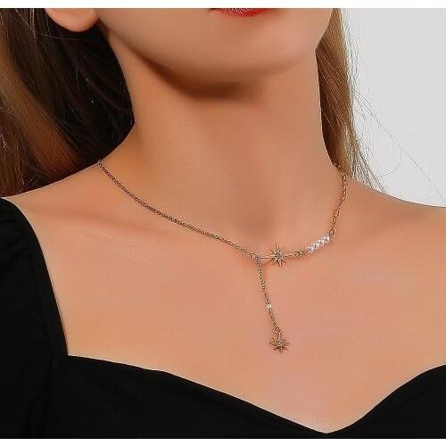 Fashion Link Chains Choker Necklace Women Bijoux Femme Tassel Chains Crystal Star Pendant Chunky Necklaces Femme Collar Jewelry