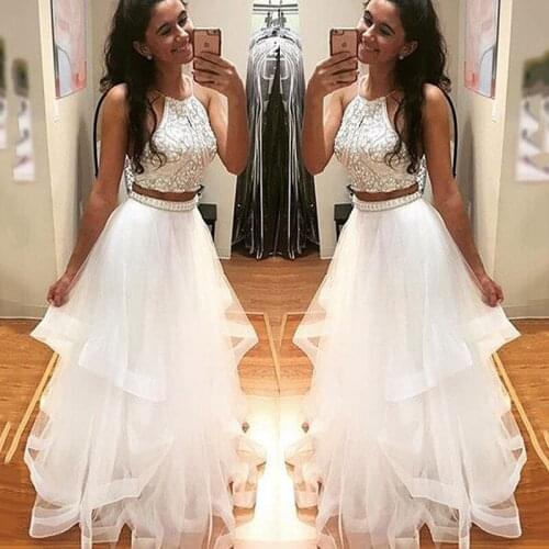 Spakly Crystal Beaded Prom Gown Sexy Halter Two Pieces Set Sleeveless Floor Length Dress