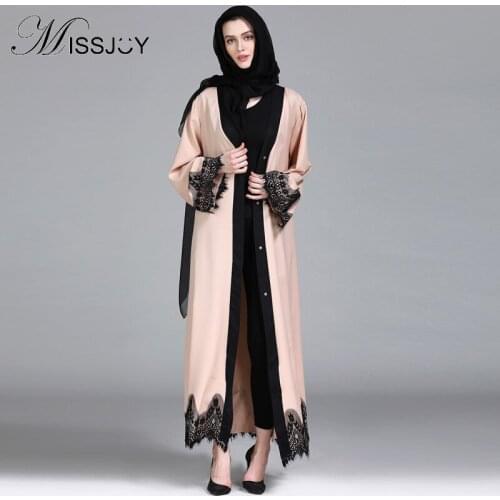 MISSJOY Muslim Robe Islamic Saudi Middle Eastern Cardigan Full sleeve Moroccan Kaftan Dress Women Applique Beading for Abaya