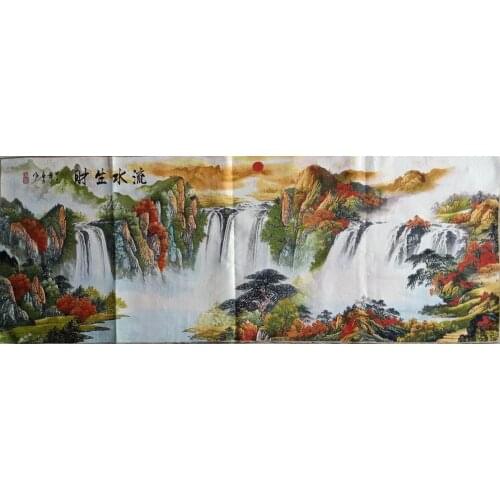 1.6M Super size Chinese Folk Silk Embroidery Landscape waterfall Thangka Tangka Painting Mural