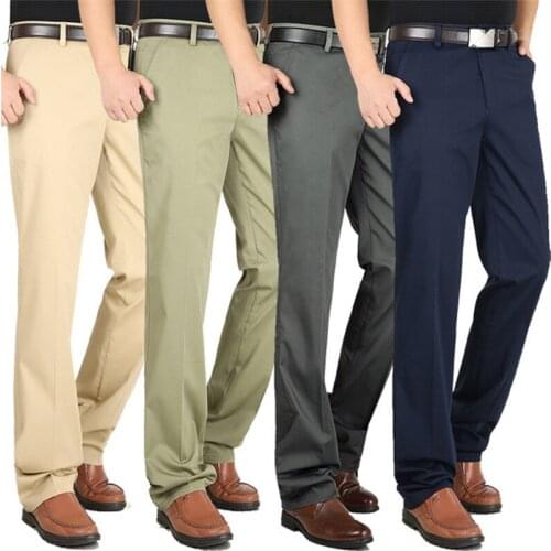 2020 New Summer Mens Casual pants Stretch Cotton High waist Loose Business straight pants Thin Middle-aged Mens Casual trouser