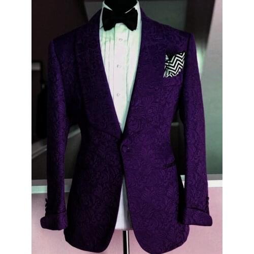 Purple Jacquard Prom Suits Smoking Jacket Men Wedding Suits With Pants Shwal Lapel Groom Tuxedos 2Piece Slim Fit Terno Masculino