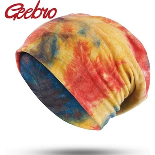 Geebro Women Cotton Multicolor Tie Dye Soft Beanie Hat Spring summer Slouchy Skullies Bonnet For Ladies Girls baggy Caps Gorros