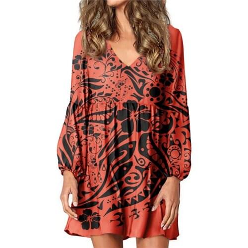 Hycool Women Loose Red Party Dress For Pregnant Sexy V-Neck Lantern Sleeve Casual Dress Polynesia Hibiscus Print Plus Size Dress
