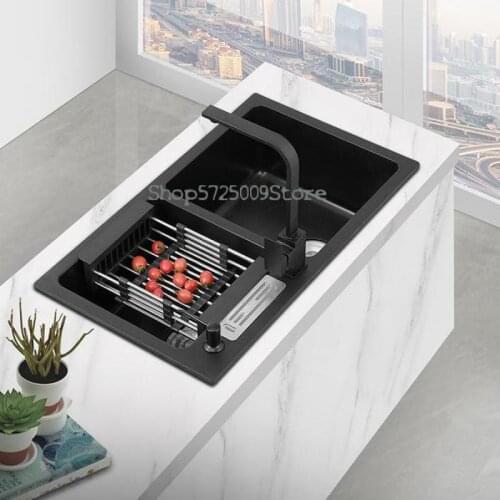Quartz Stone Sink Double-bath Kitchen Sink Thickened Black Granite Sink With Knife Holder Under Counter Basin Set
