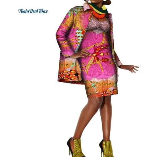 2 Pcs Coat and Dress Sets African Dresses for Women Knee Length Vestidos Bazin Riche Ankara Coat Jacket African Clothes WY8411