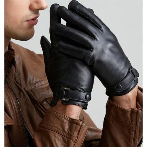 Leather gloves mens autumn and winter sheepskin can touch screen thickening plus cashmere driving business A42