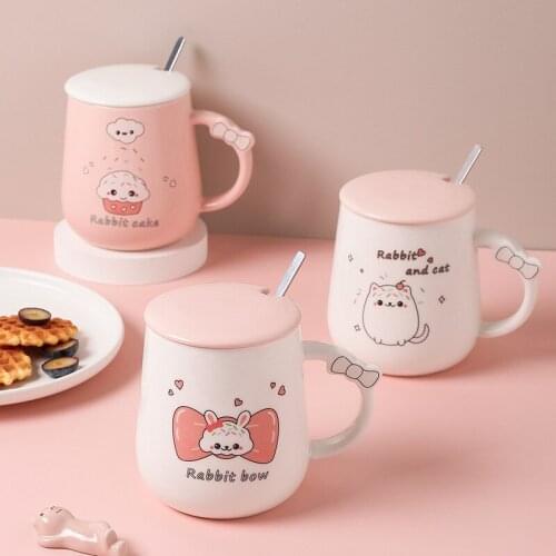 Cute Bunny Mug Japanese Cartoon Animal Ceramic Cup with Lid and Spoon Round and Delicate Cup Body Elegant Coffee Cup for Lovers