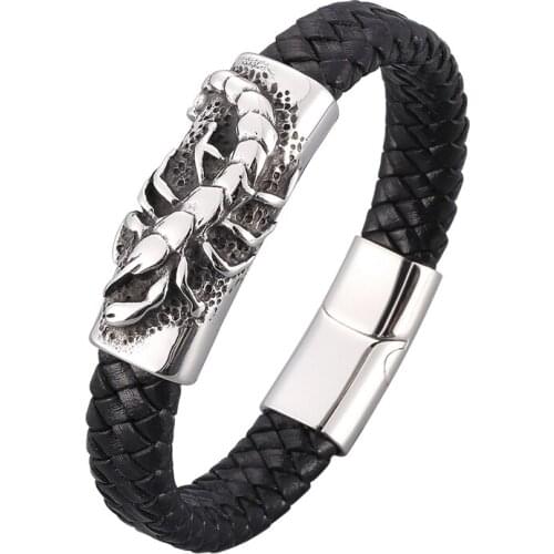 Fashion Men Genuine Leather Braided Bracelet Scorpion Design Stainless Steel Magnetic Buckle Punk Male Jewelry Wristband PD1031