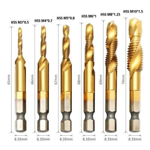 6pcs M3-M10 Combination Drill Tap Bit Set HSS 6542 Titanium Coated Countersink