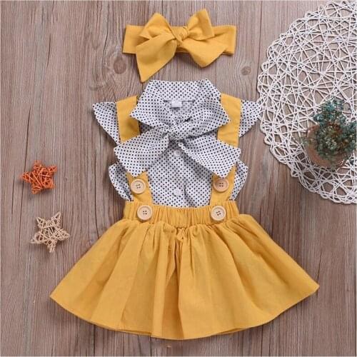 New 100% Cotton Summer Clothes Casual Babys Korean Version And Girl Suit Strap Skirt Polka dot 3pcs Childrens Dress Set Dress