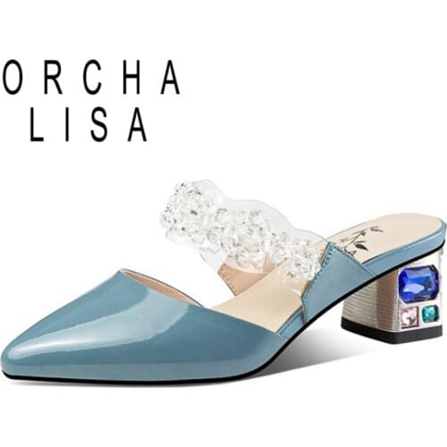 ORCHA LISA New Genuine Leather Rhinestone Ladies Slippers Pointed Toe Shiny Crystal Strange Heel 4.5cm US12 Blue Beige A4237