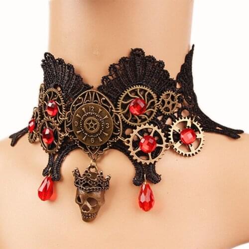 Antique Gold Skeleton Pendant Lace Necklace For Women Jewelry Hollow Black Chokers Gear Charm Statement Chain Colliers Accessory