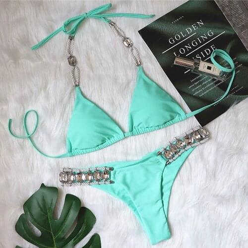 Sexy Solid Green Bikini 2020 Women Rhinestone Diamond Push Up Padded Swimsuit Female Bathers Bathing Suit Thong Swimwear Biquini