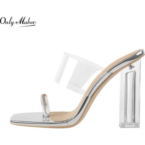 Onlymaker Slip-On Shoes For Women Summer Metal Decoration Transparent Square High Heel Flip Flops Open Toe Jelly Slipper
