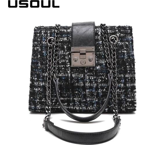 USOUL 2020 woman shoulder bag double straps woolen plaid chain bags women fashion brand design handbag luxury elegant bags mujer