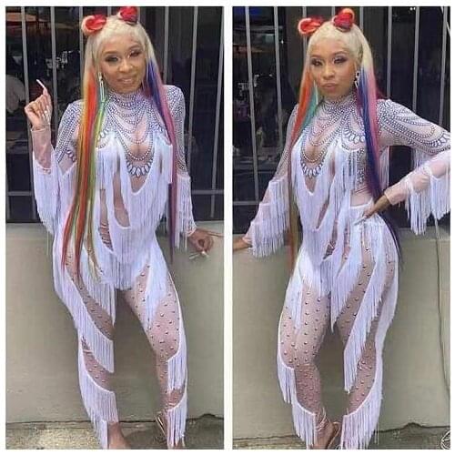 Women Tassels Jumpsuit Romper Long Sleeve Dance Costume Clubwear Party Outfit Stage Performance Clothes for Female