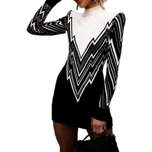 Women Fashion Knitted Sweater Round Collar Striped Dress Color Blocking Tight Fitting Long Sleeved Dress Hot Sale