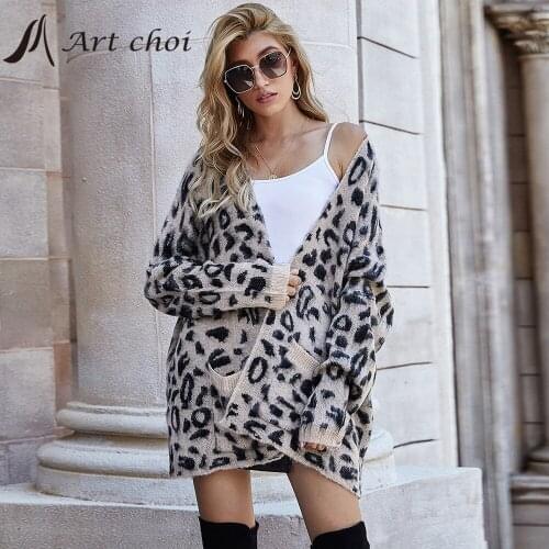 Autumn Winter Cardigan Knitwear Leopard Sweater Women Jumper Long Sleeve Knitted Ladies Soft Outwear Female Coats Jacket Mujer