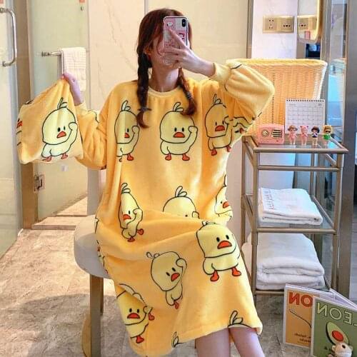 Winter Women Cartoon Nightdress Flannel Keep Warm Sleepwear Nightgown Sexy Cartoon Sleep Shirt Dress Loose Lingerie Home Wear