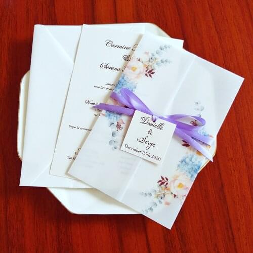 50pc Dusty Blue Vellum Wrap For Wedding Invitation With Tag And Envelope DIY Personalized Print Quinceanera Party Greeting Cards