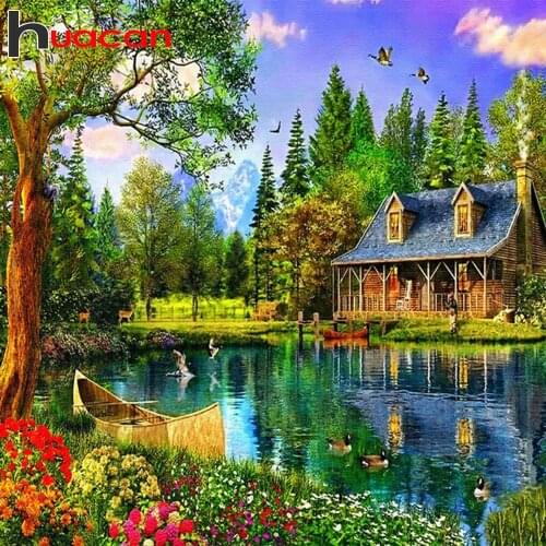 Huacan 5D Diamond Painting New Arrivals House River Diamond Mosaic Embroidery Landscape Handicraft Decoration For Home