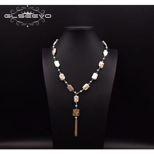 GLSEEVO Original Design Natural Baroque Freshwater Pearl Necklace Woman Anniversary Tassel Retro Pendant Chain Jewelry GN0268