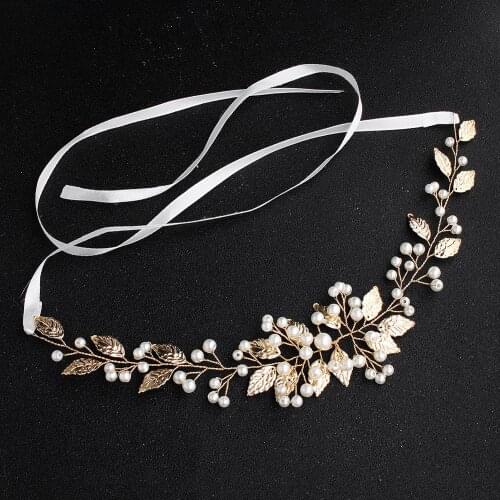 Long Gold Color Pearl Leaf Headbands Women Bridal Wedding Hair Jewelry Accessories Elegant Ribbon Handmade Head Decoration